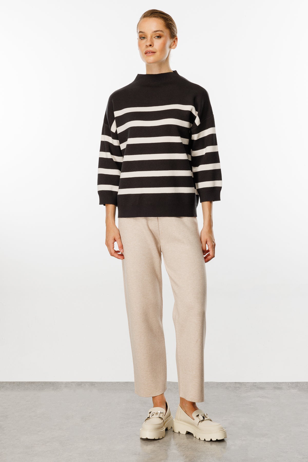 Striped Blouse with Capri Sleeves - Brown/White