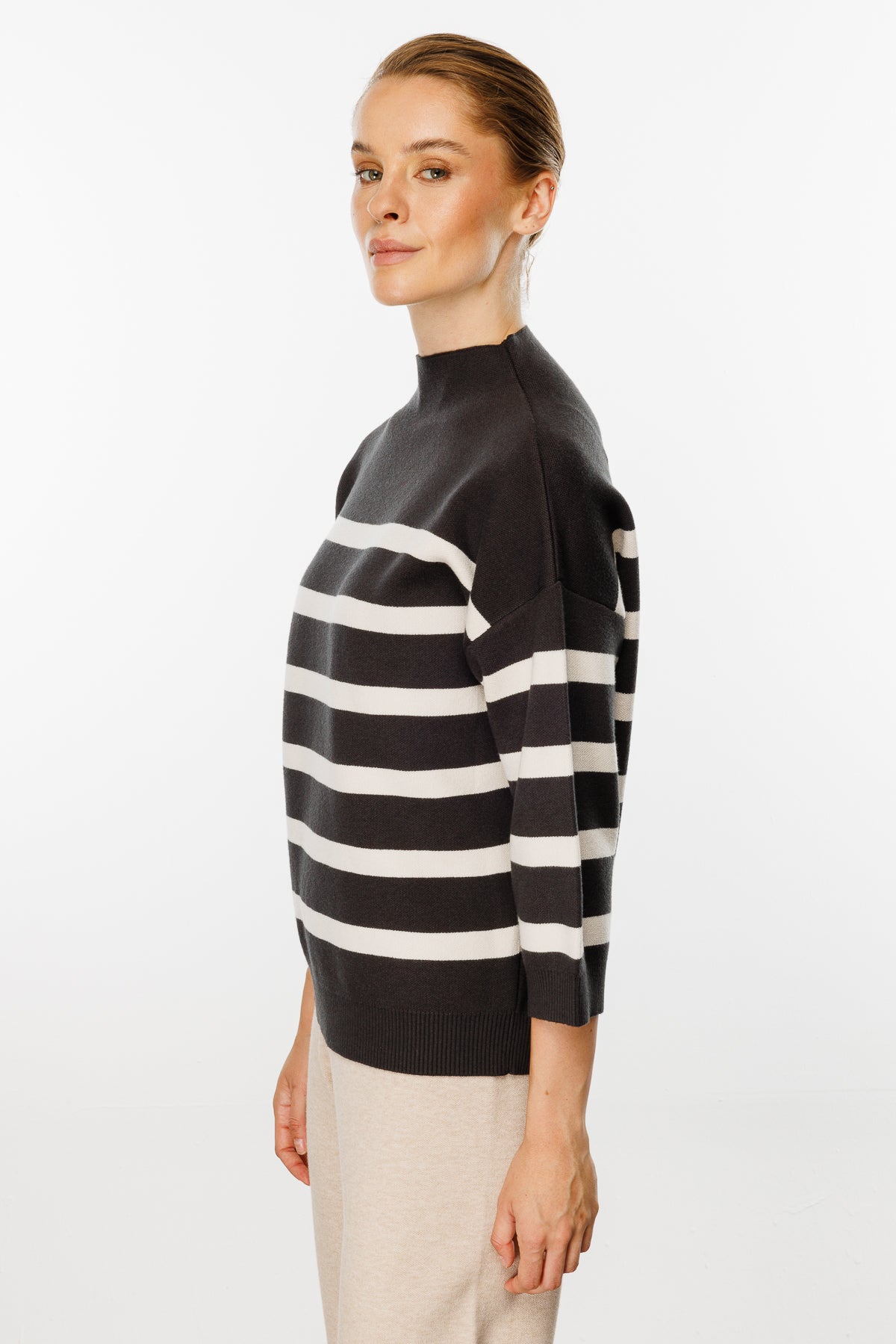 Striped Blouse with Capri Sleeves - Brown/White