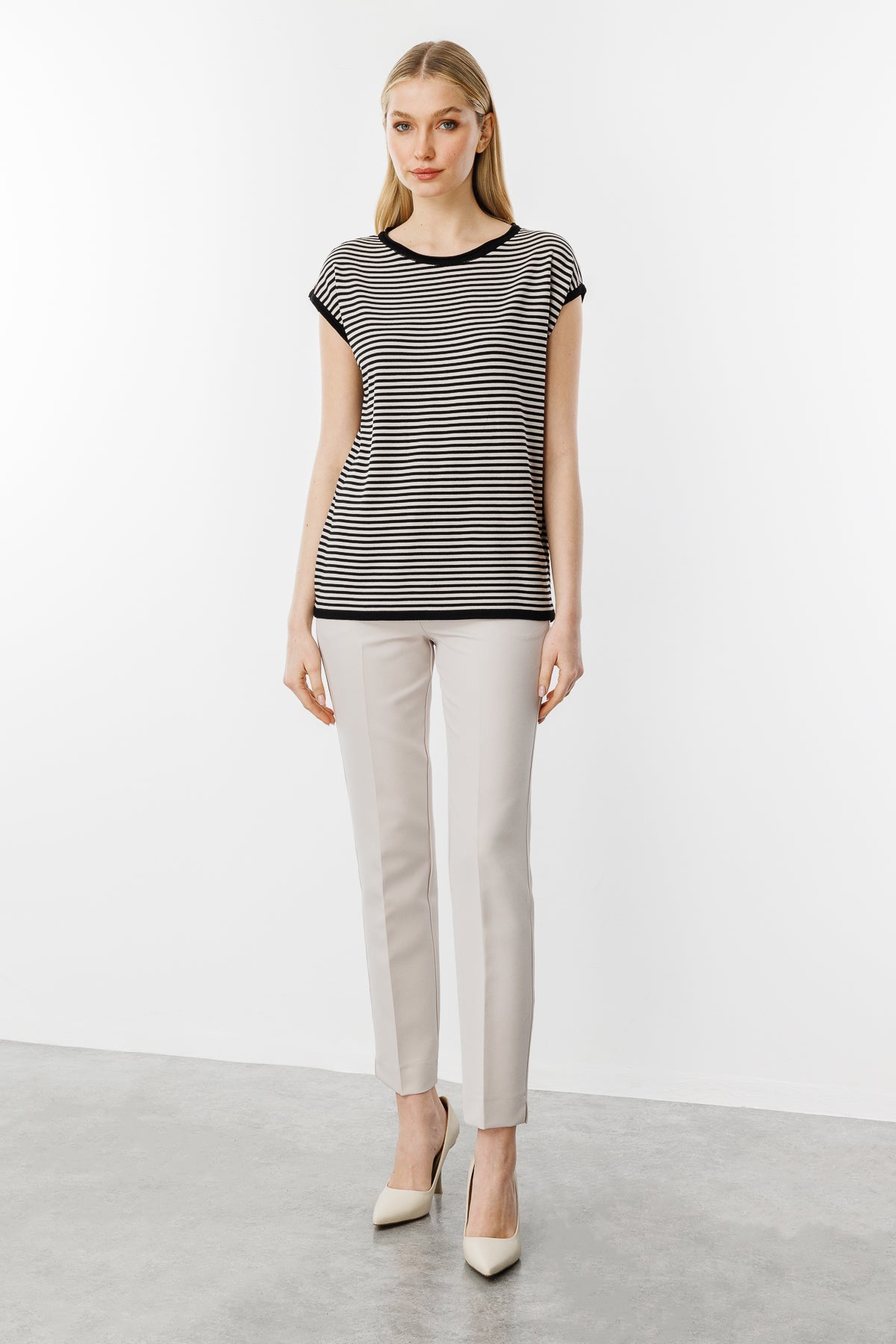 Striped Basic Knit Blouse-Black Mink