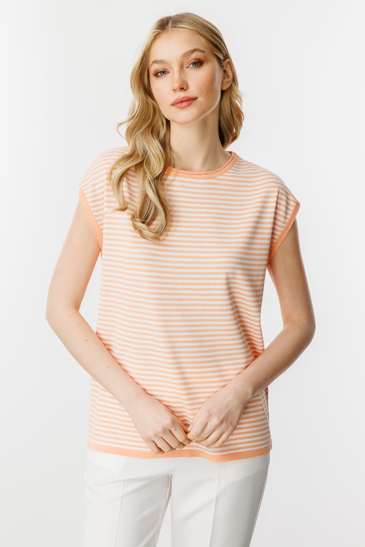 Striped Basic Knit Blouse-Salmon Ecru