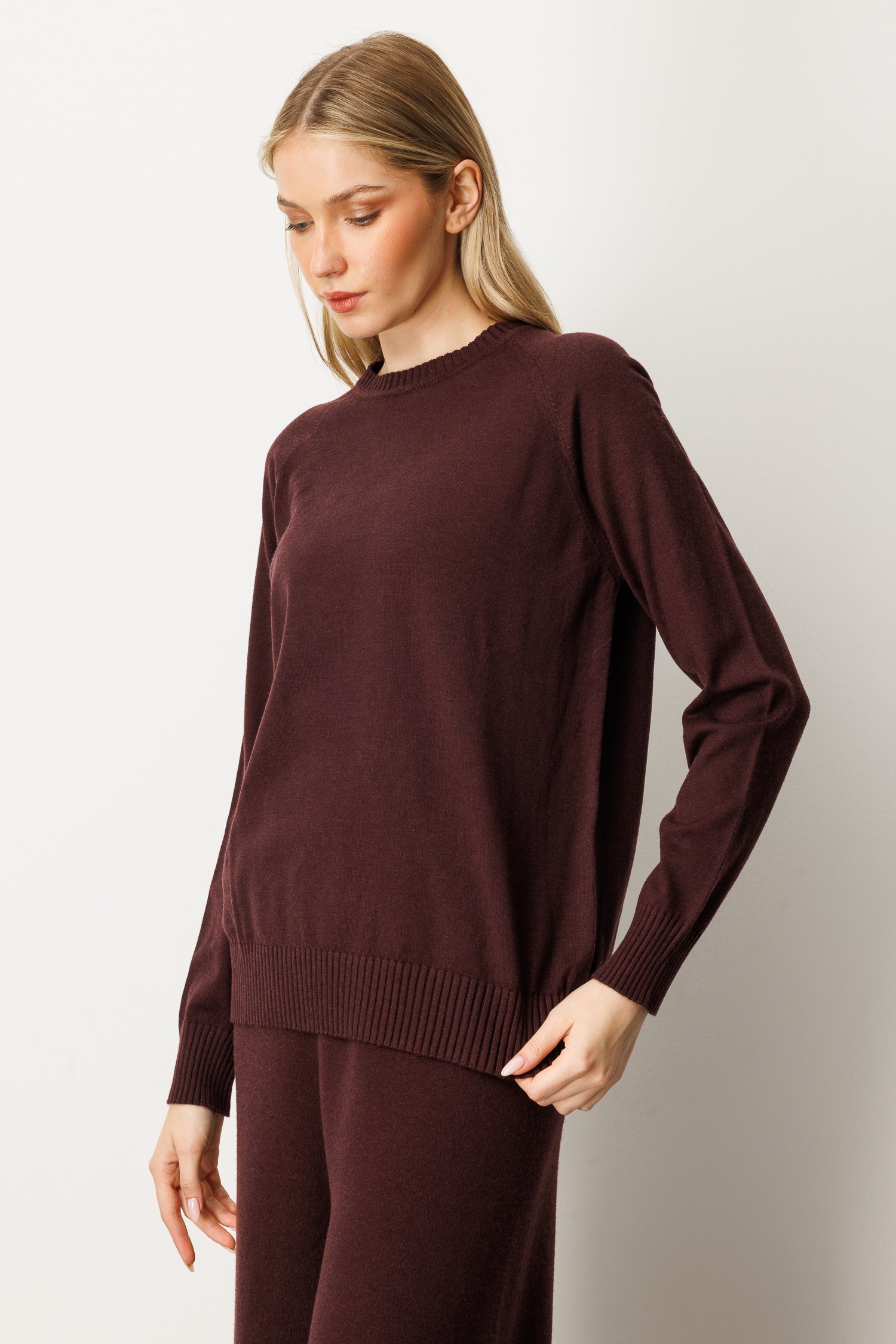 Long-Sleeve Crew Neck Knit Top - Vino