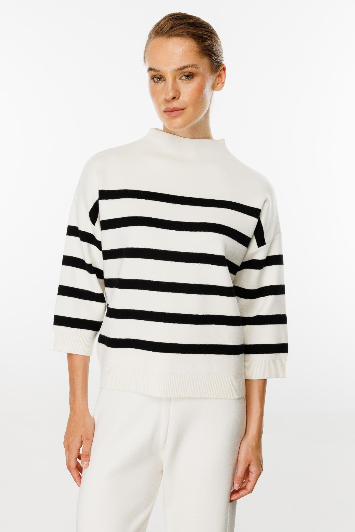 Striped Blouse with Capri Sleeves - White/Black