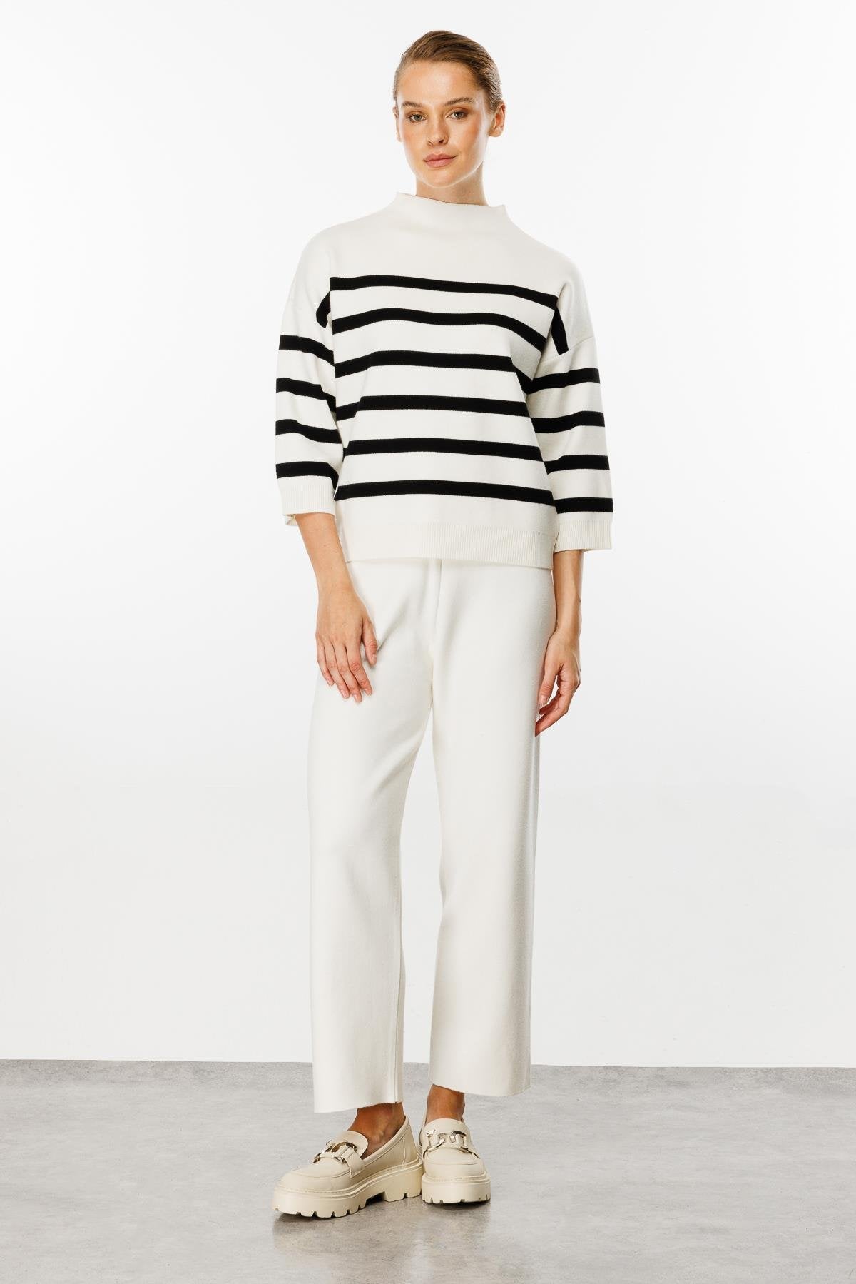 Striped Blouse with Capri Sleeves - White/Black
