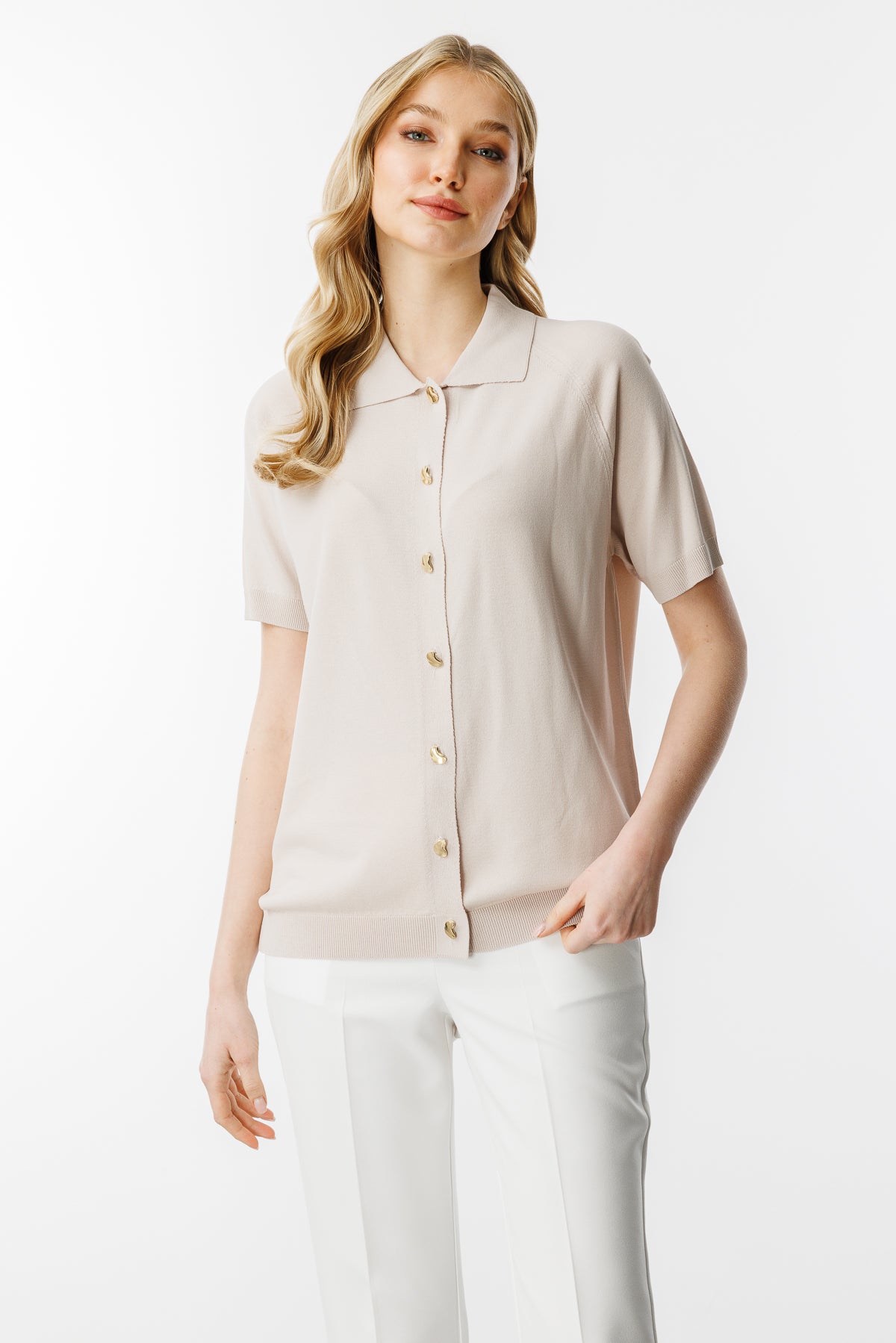 Polo Collar SHORT SLEEVE KNIT CARDIGAN-MINK
