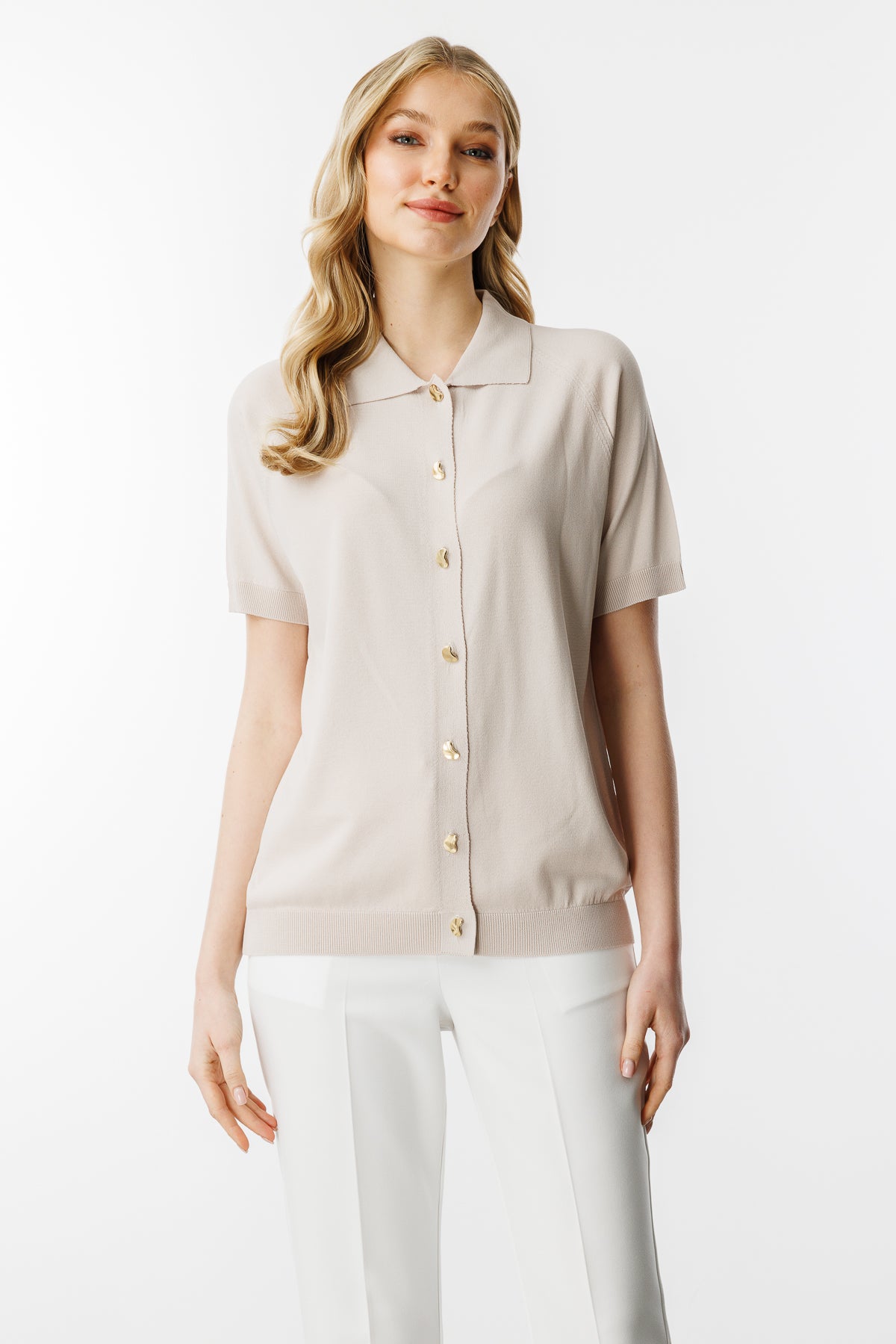 Polo Collar SHORT SLEEVE KNIT CARDIGAN-MINK