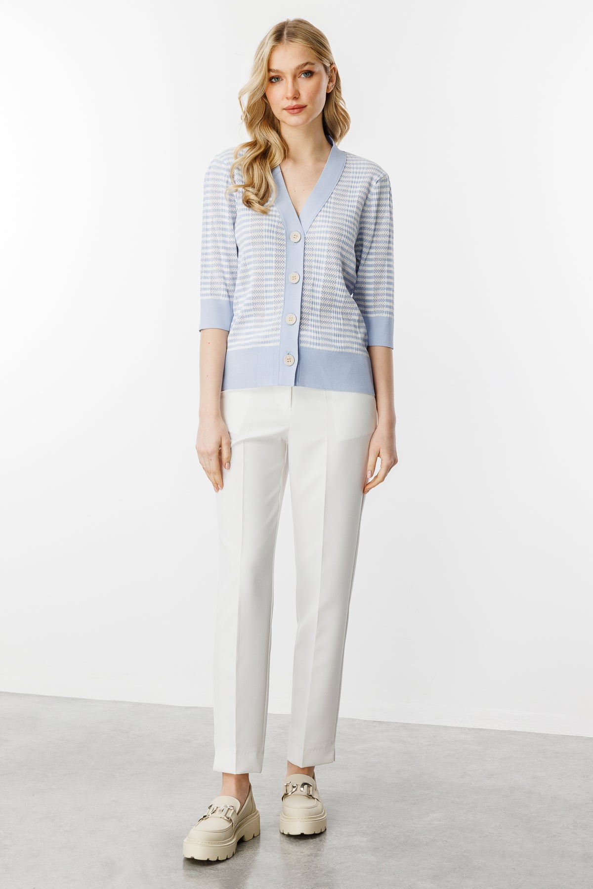 Ajour Colorful Knit Cardigan-Blue Ecru