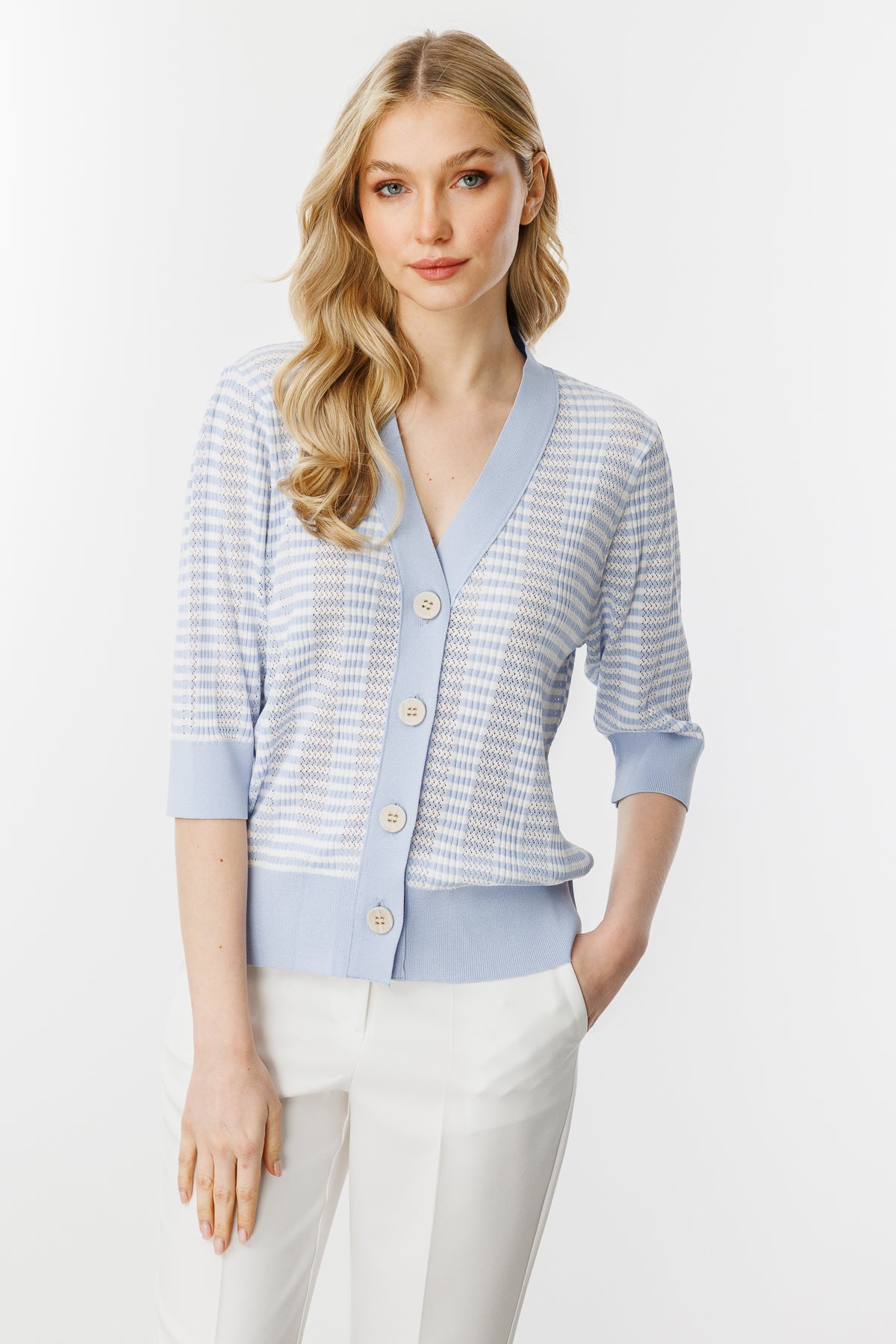 Ajour Colorful Knit Cardigan-Blue Ecru