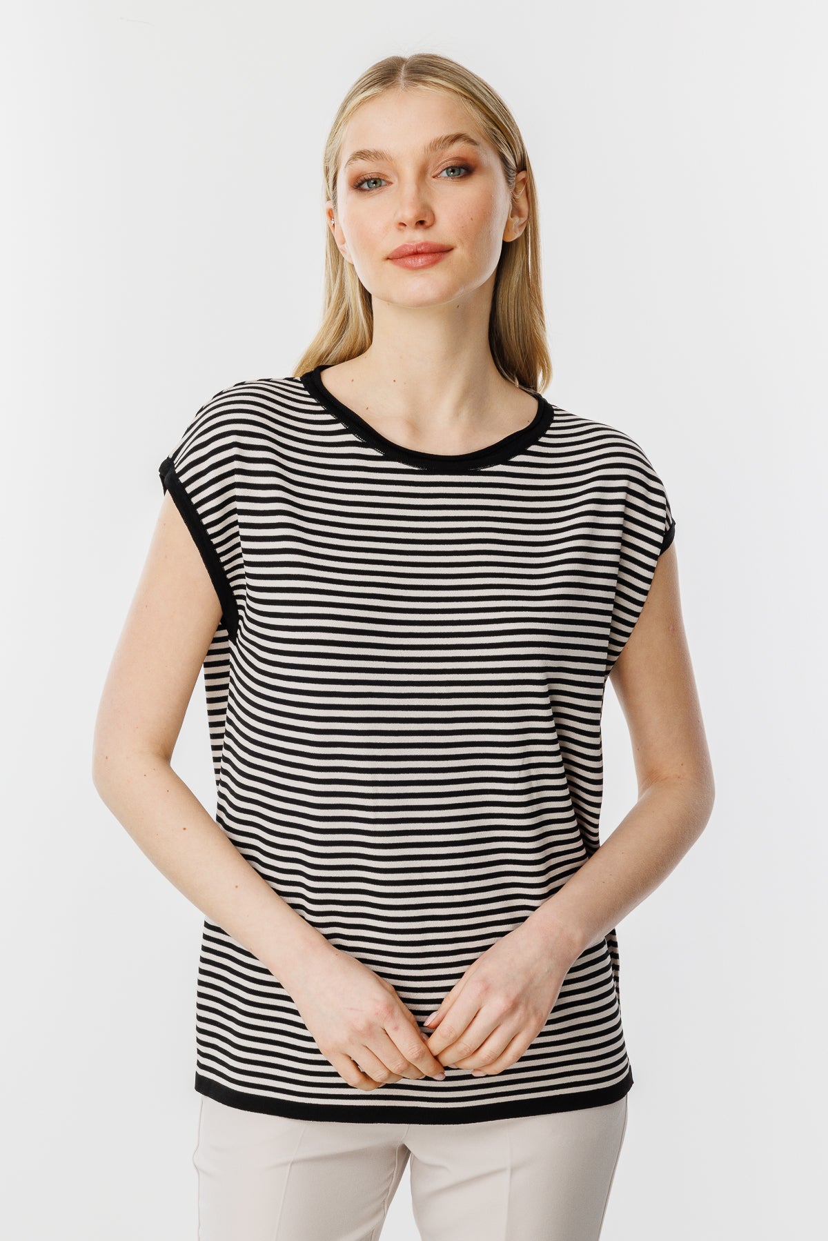 Striped Basic Knit Blouse-Black Mink