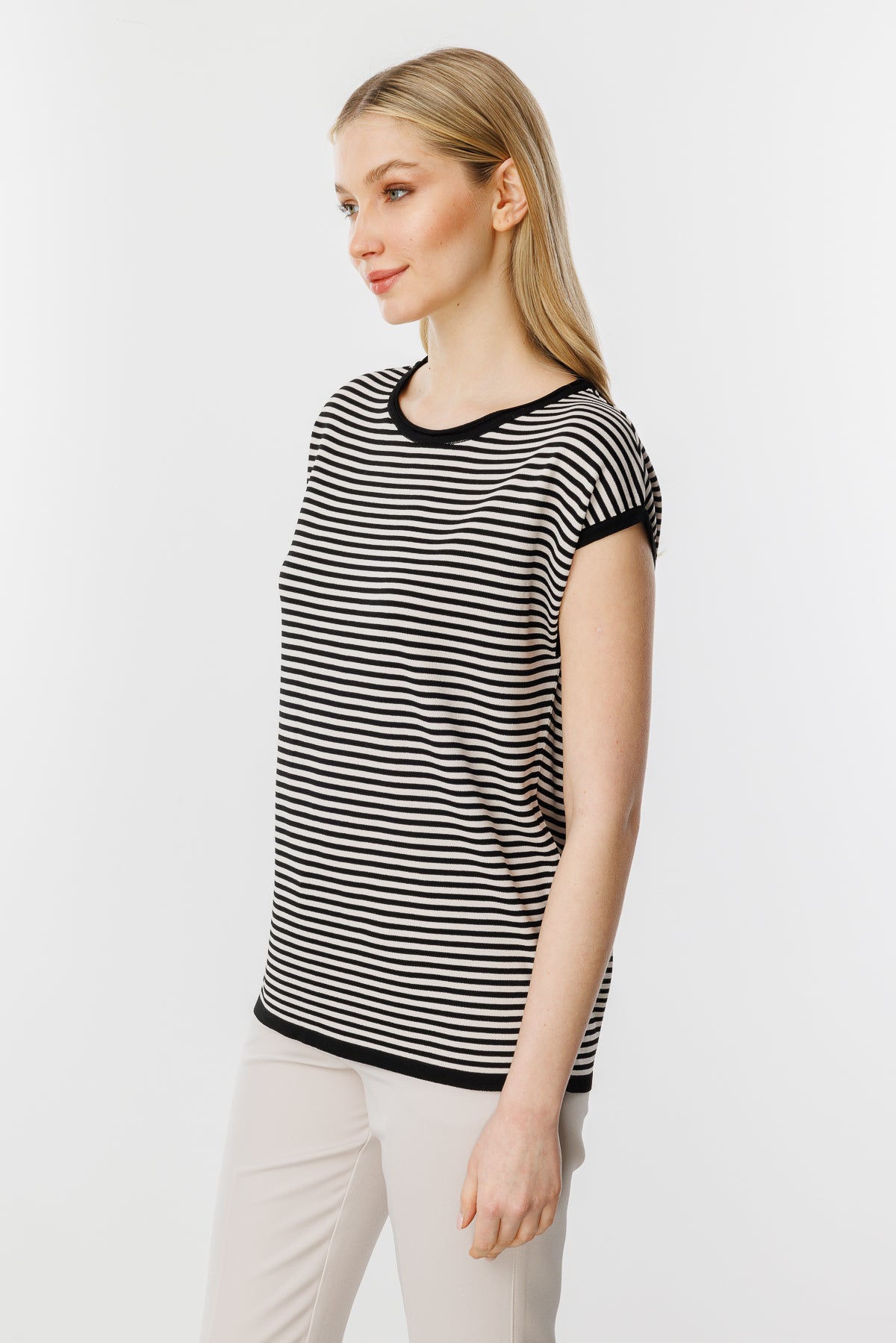 Striped Basic Knit Blouse-Black Mink