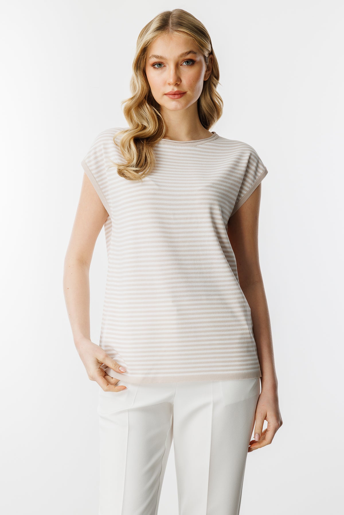 Striped Basic Knit Blouse-Mink Ecru
