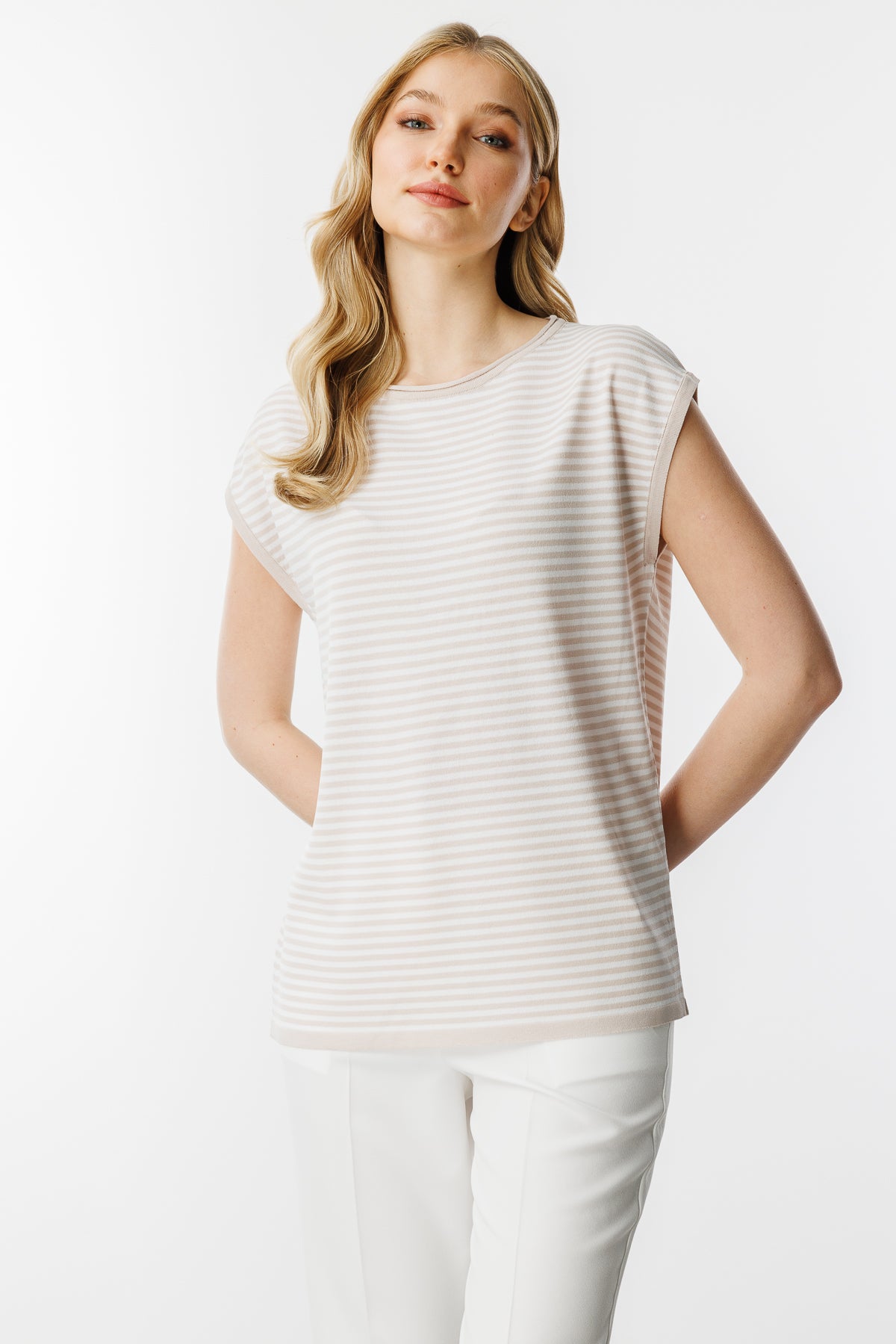 Striped Basic Knit Blouse-Mink Ecru