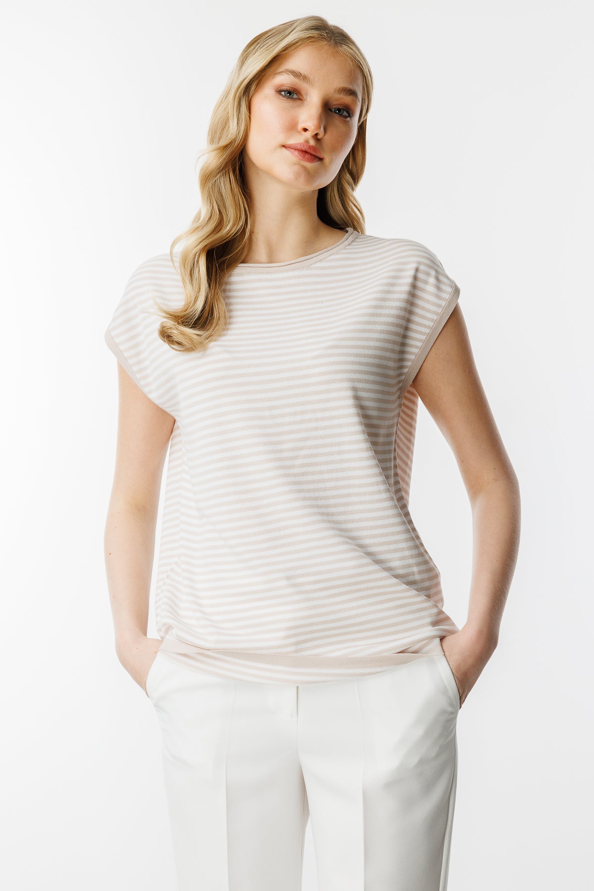 Striped Basic Knit Blouse-Mink Ecru