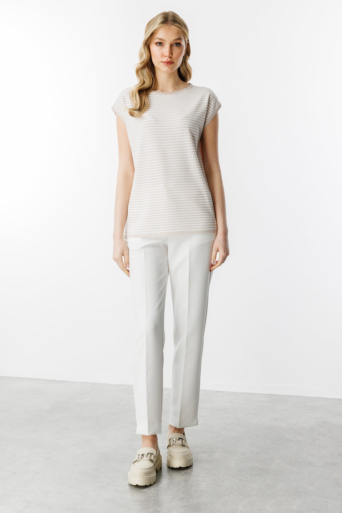 Striped Basic Knit Blouse-Mink Ecru