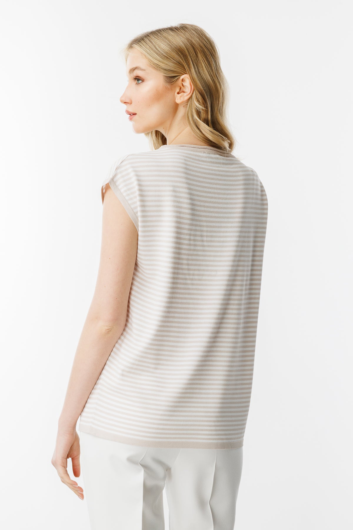 Striped Basic Knit Blouse-Mink Ecru