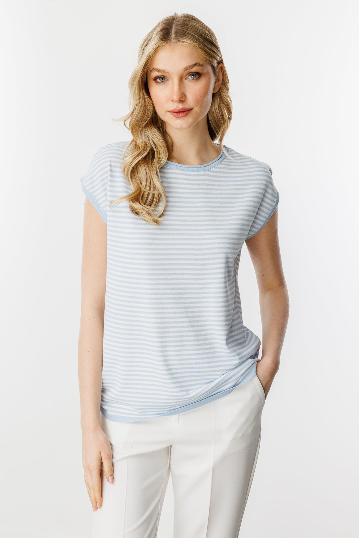 Stripe Basic Knit Blouse-Blue Ecru