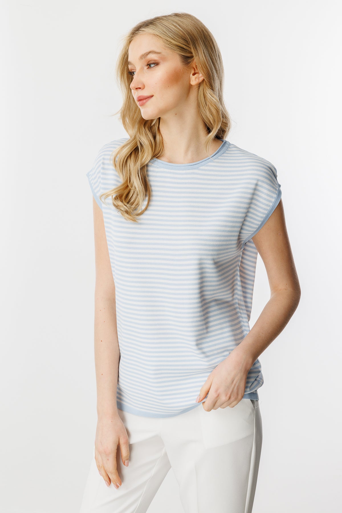 Stripe Basic Knit Blouse-Blue Ecru