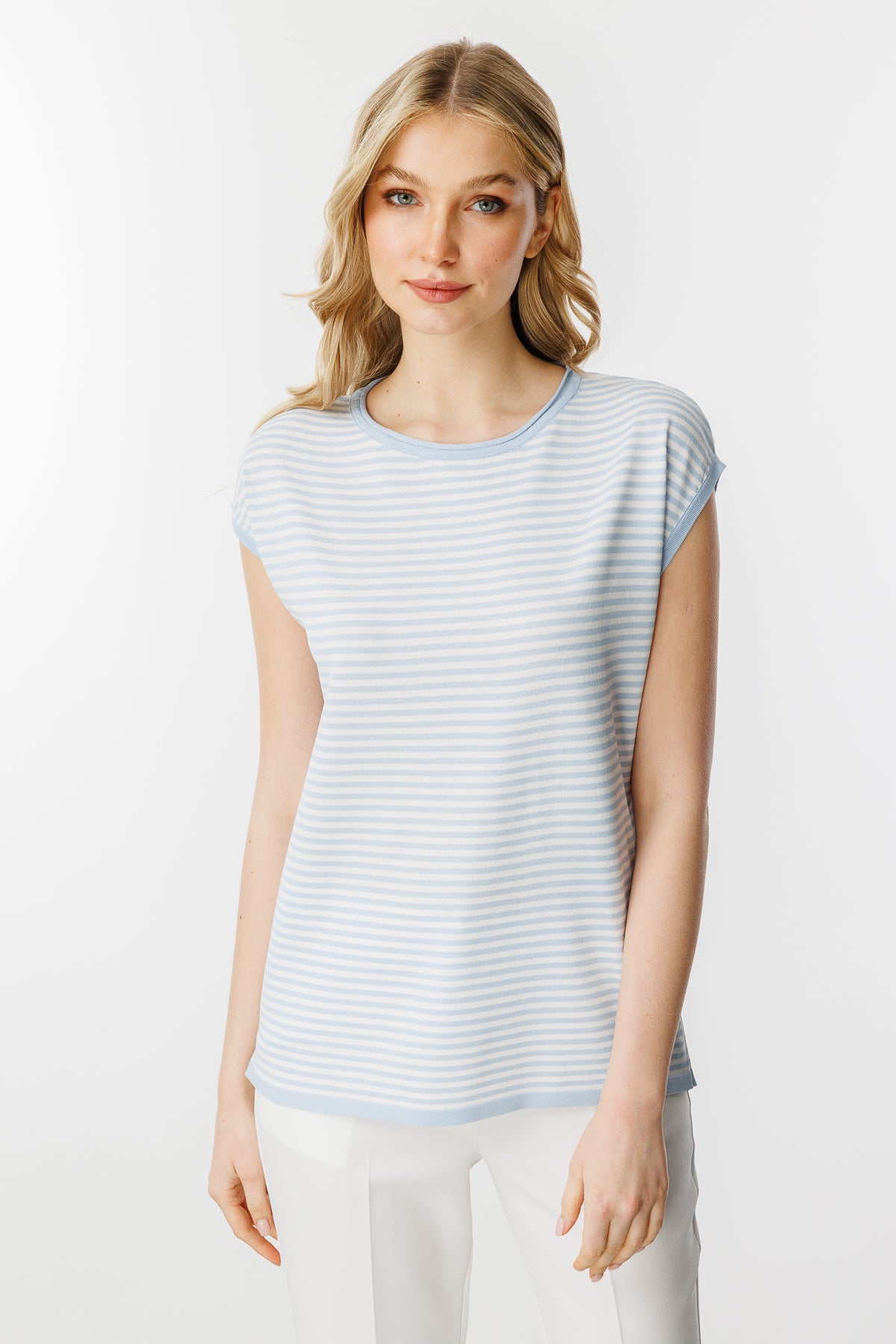 Stripe Basic Knit Blouse-Blue Ecru