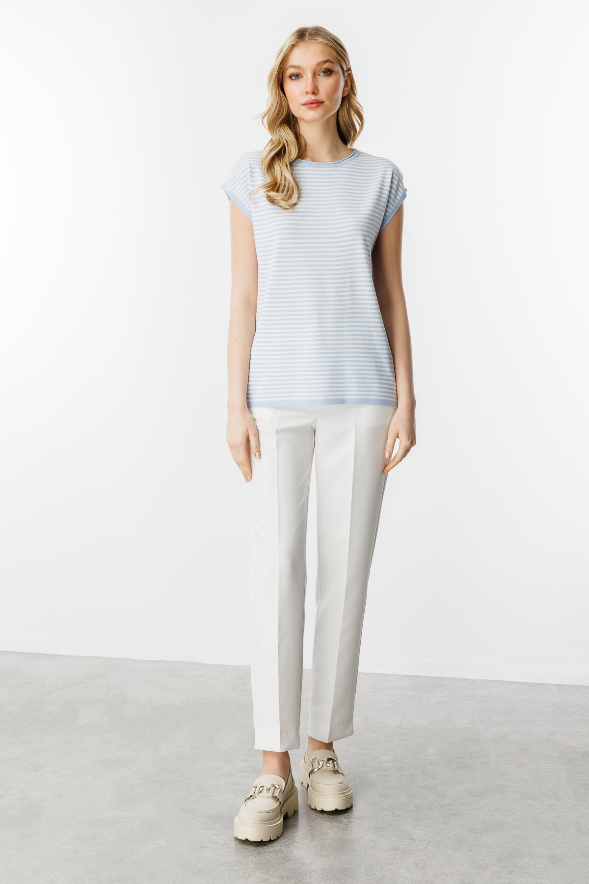Stripe Basic Knit Blouse-Blue Ecru