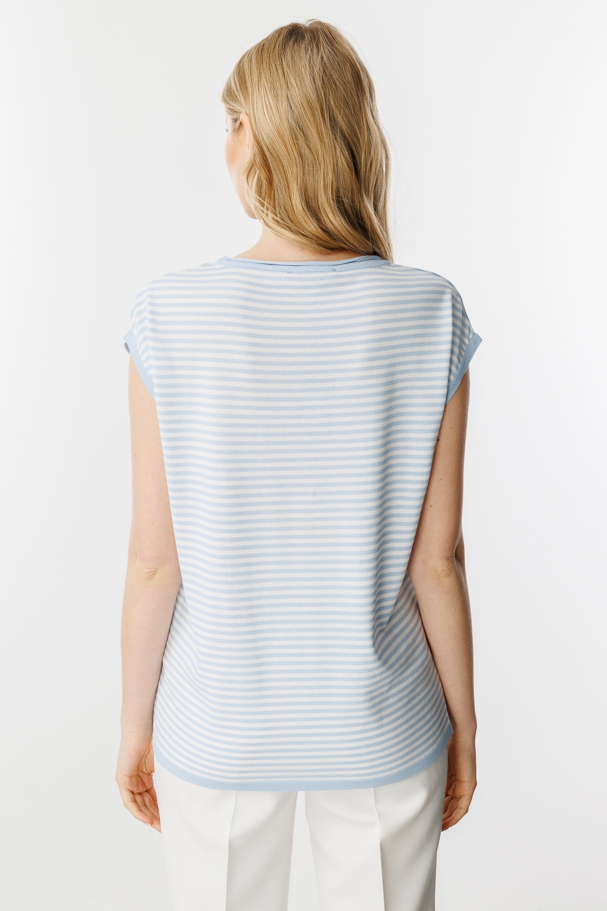 Stripe Basic Knit Blouse-Blue Ecru