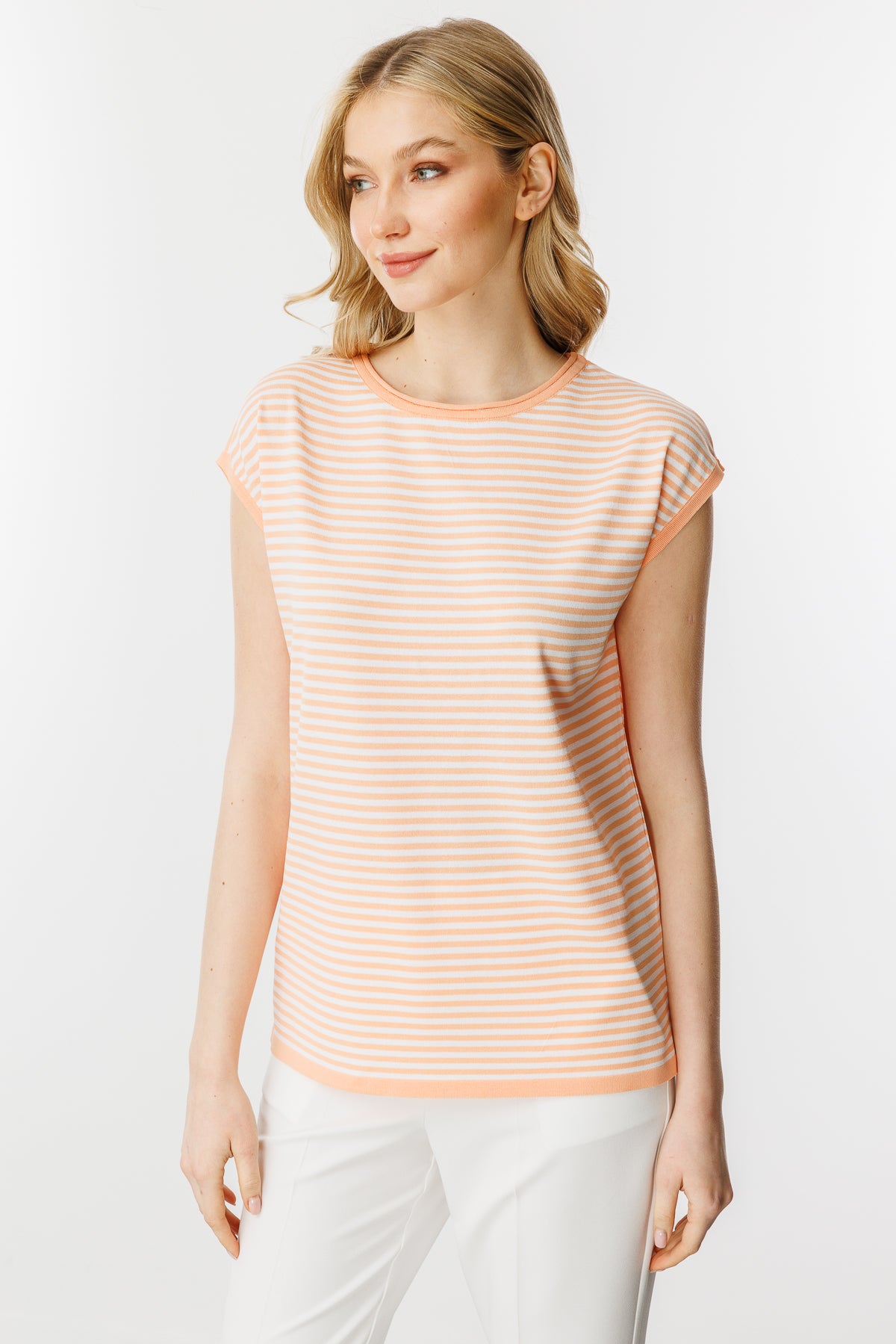 Striped Basic Knit Blouse-Salmon Ecru