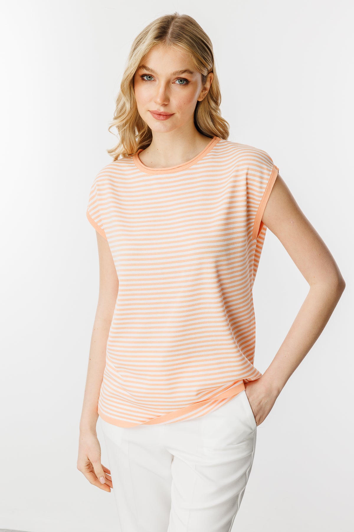 Striped Basic Knit Blouse-Salmon Ecru