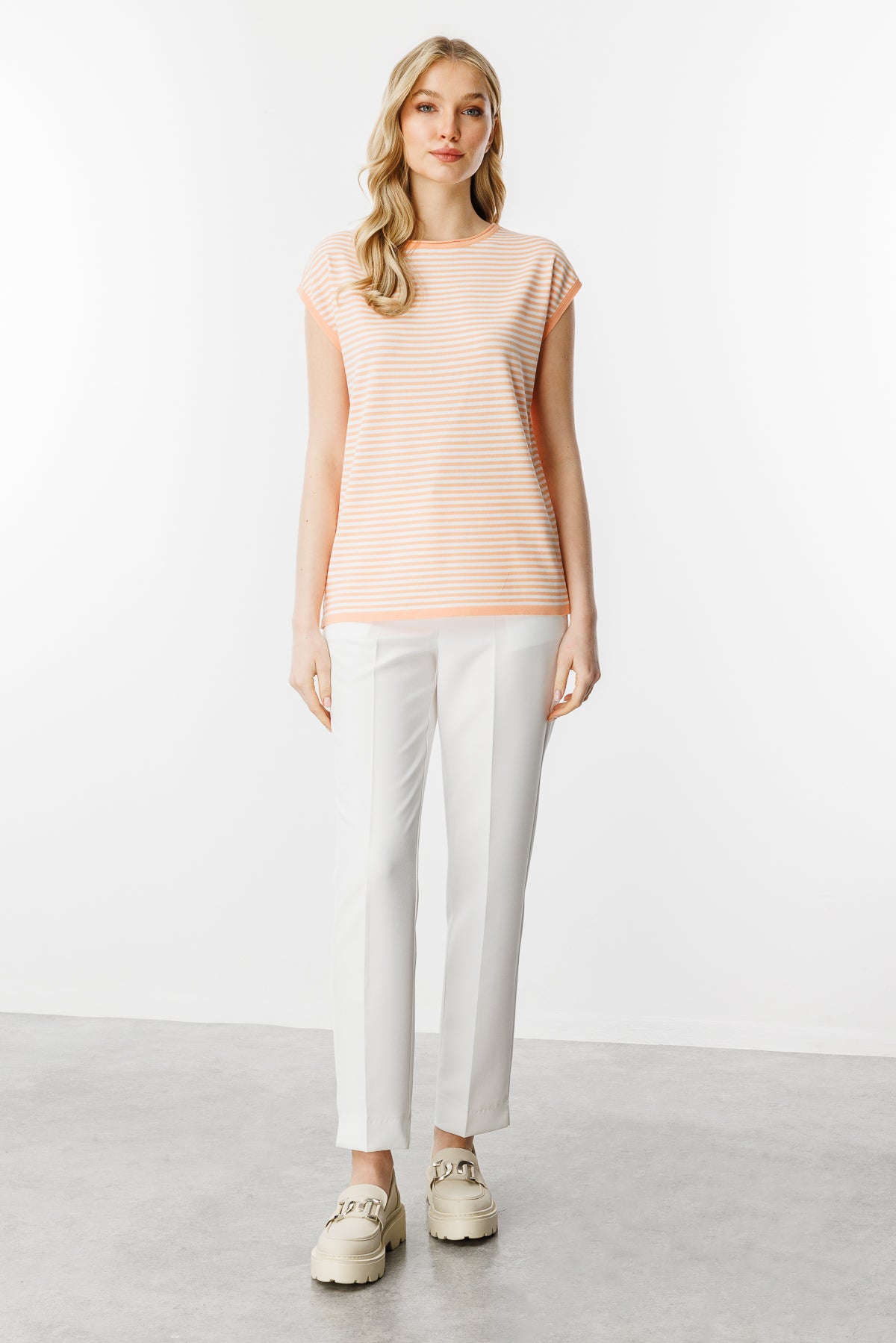 Striped Basic Knit Blouse-Salmon Ecru