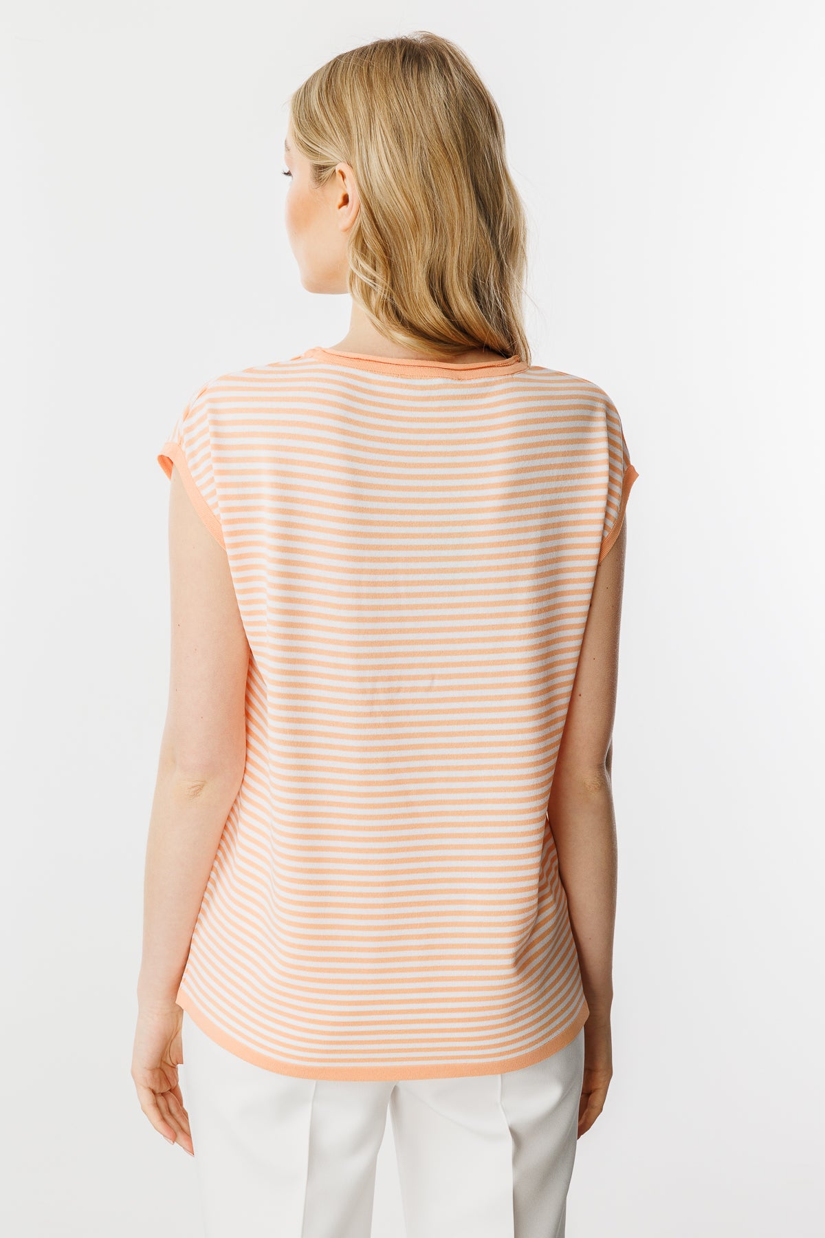 Striped Basic Knit Blouse-Salmon Ecru
