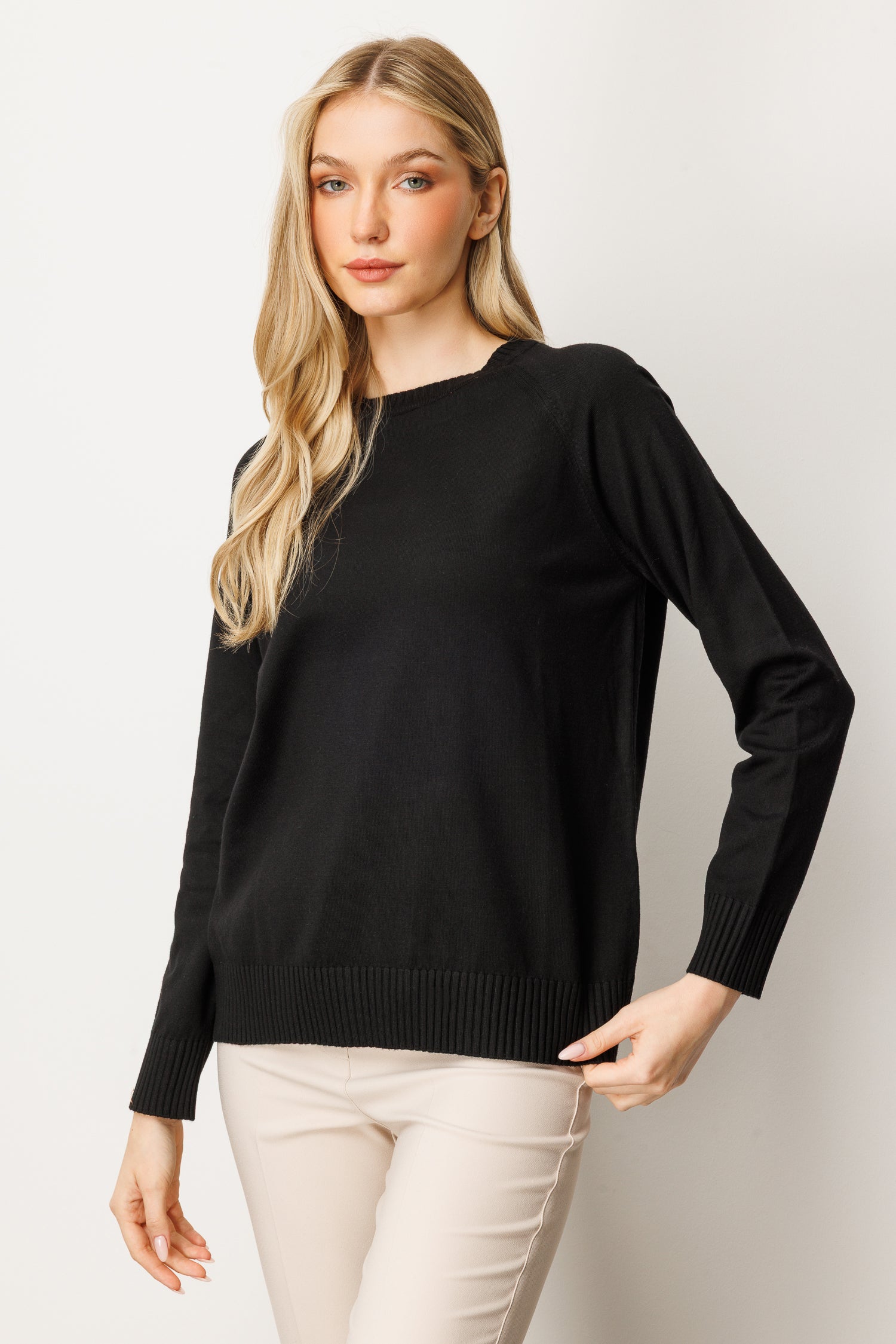 Long-Sleeve Crew Neck Knit Top - Black
