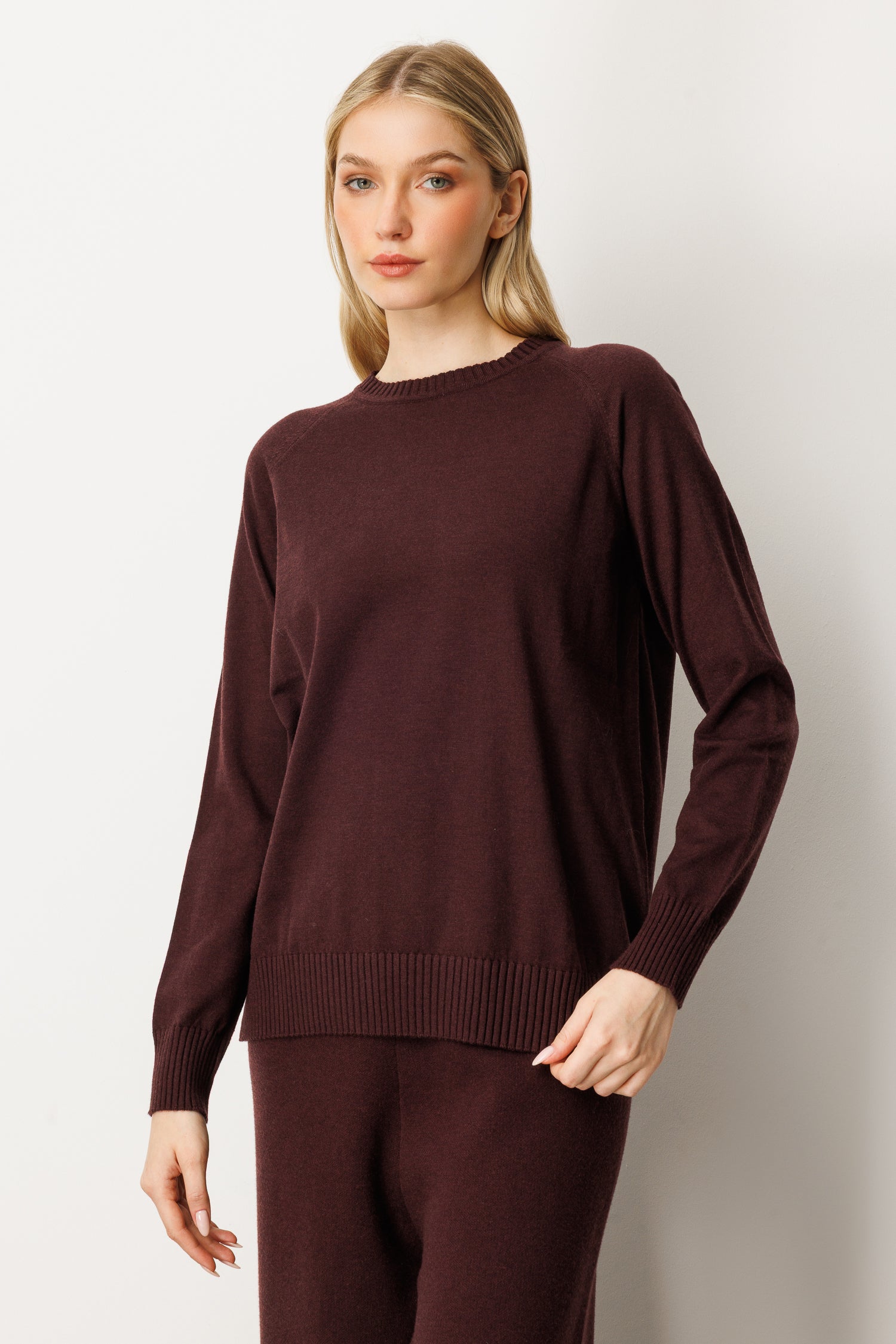 Long-Sleeve Crew Neck Knit Top - Vino