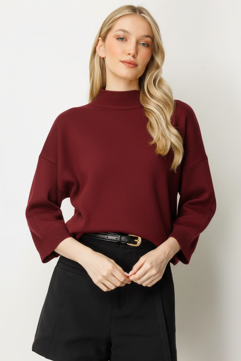 Striped Blouse with Capri Sleeves - Burgundy