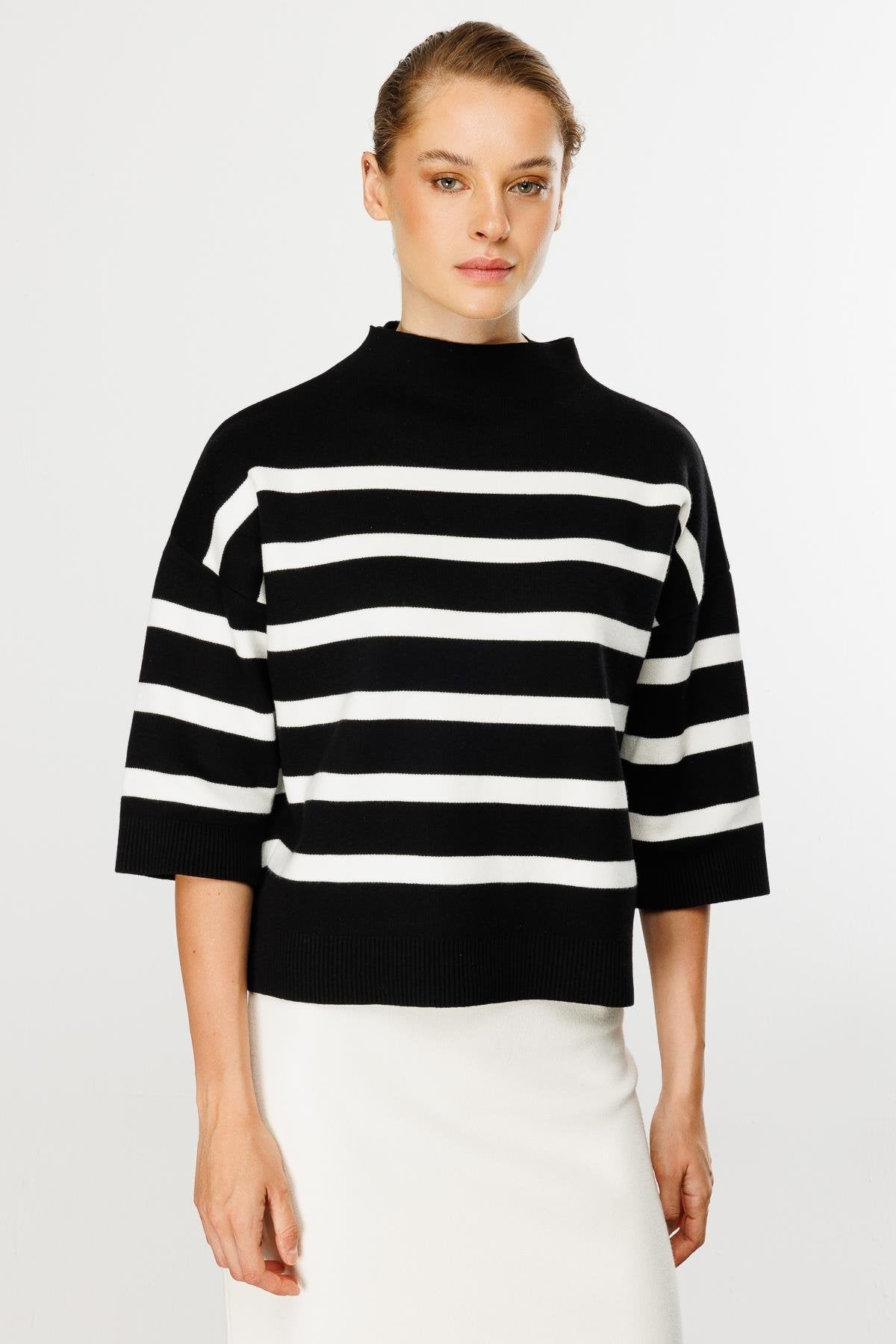 Striped Blouse with Capri Sleeves - Black/White
