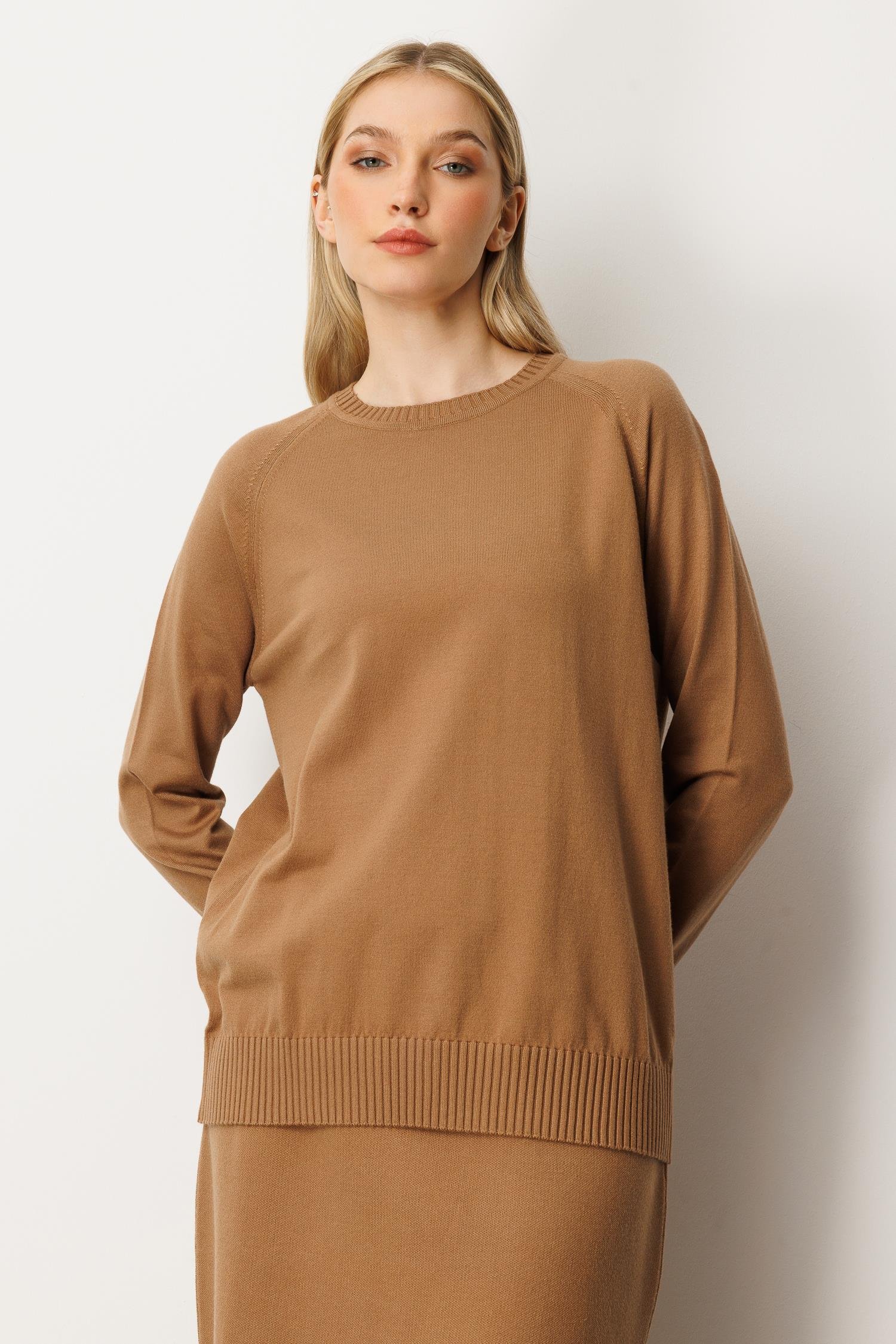 Long-Sleeve Crew Neck Knit Top - Camel