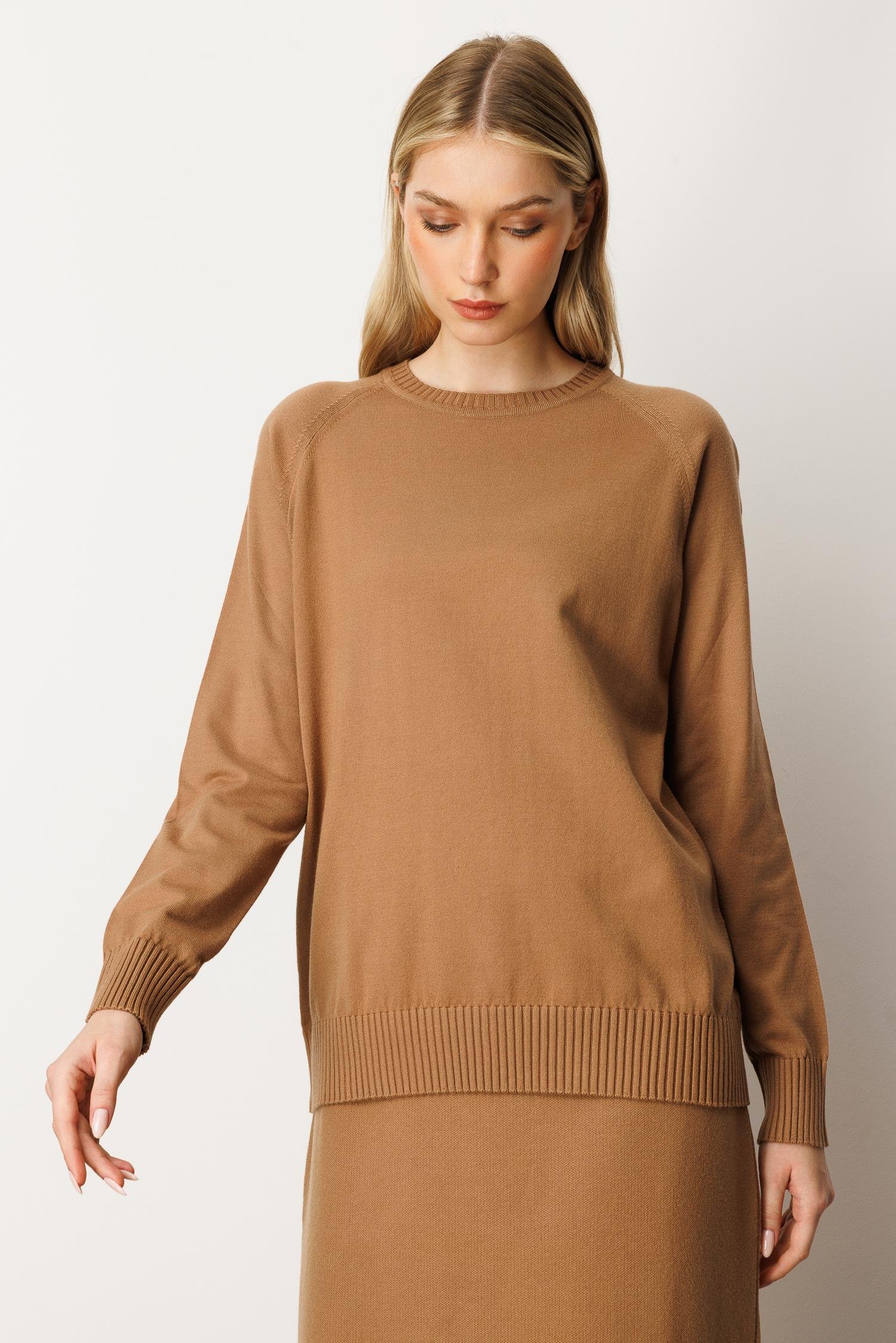 Long-Sleeve Crew Neck Knit Top - Camel
