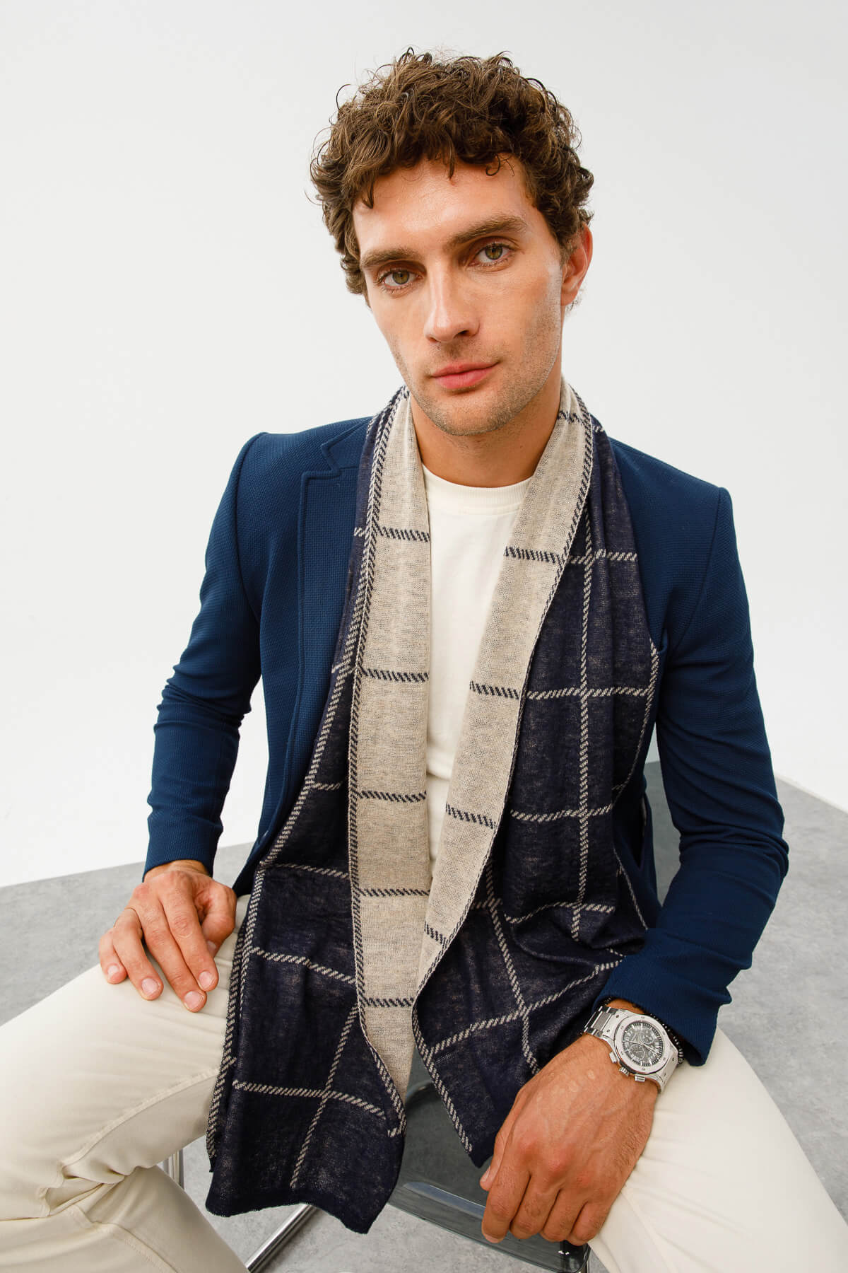 MEN ROMAN CHECK SCARF NAVY-ECRU